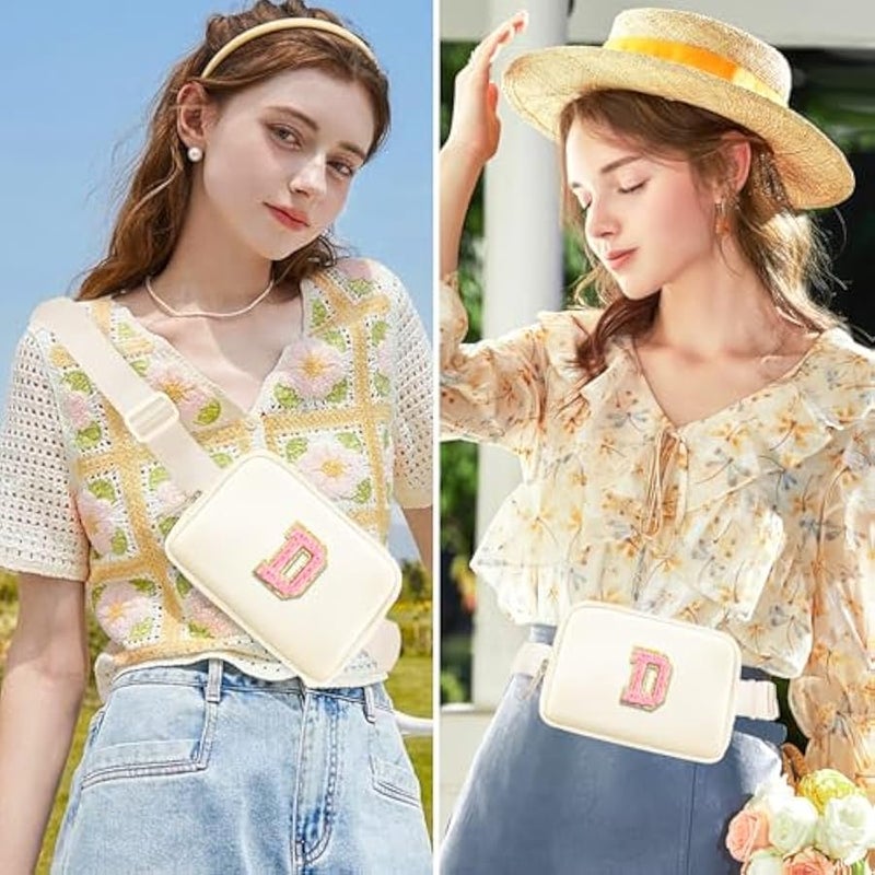 URSKYTOUS Fanny Pack Belt Bag for Women Girls Small Crossbody Bag with Initial Letter Cute Preppy Waist Packs Trendy Travel Accessories Personalized  Birthday Gifts for Running Hiking Beige D - Image 2